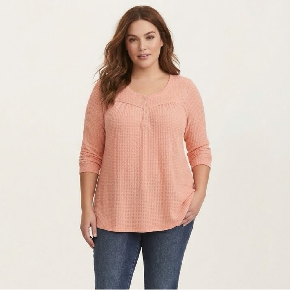 Penningtons Waffle Babydoll Empire Top Shirt 3/4 Sleeves Pink size 0X Flowy Cute